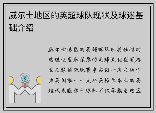 威尔士地区的英超球队现状及球迷基础介绍